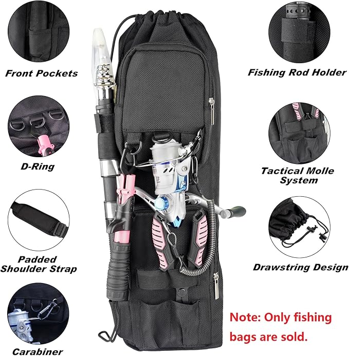 mouhike 2Pack 20-inch Drawstring Crossbody Fishing Storage Bag with Front Pockets Rod Holder Belt, Portable Fishing Tackle Carrier Box for Telescopic Rod, Adjustable Travel Fish Tool Accessory Case