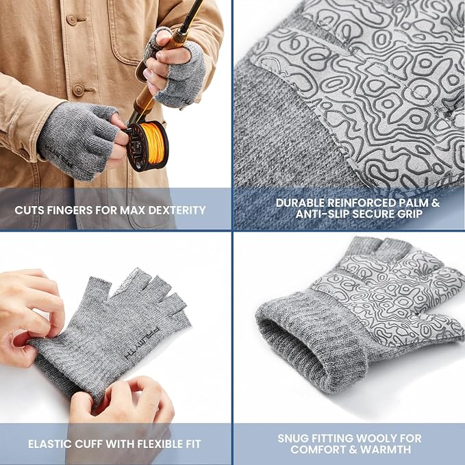 Palmyth Wool Fingerless Fishing Gloves - Warm for Men & Women: Cold Weather Fly Fishing, Ice Fishing, Photography & Hunting