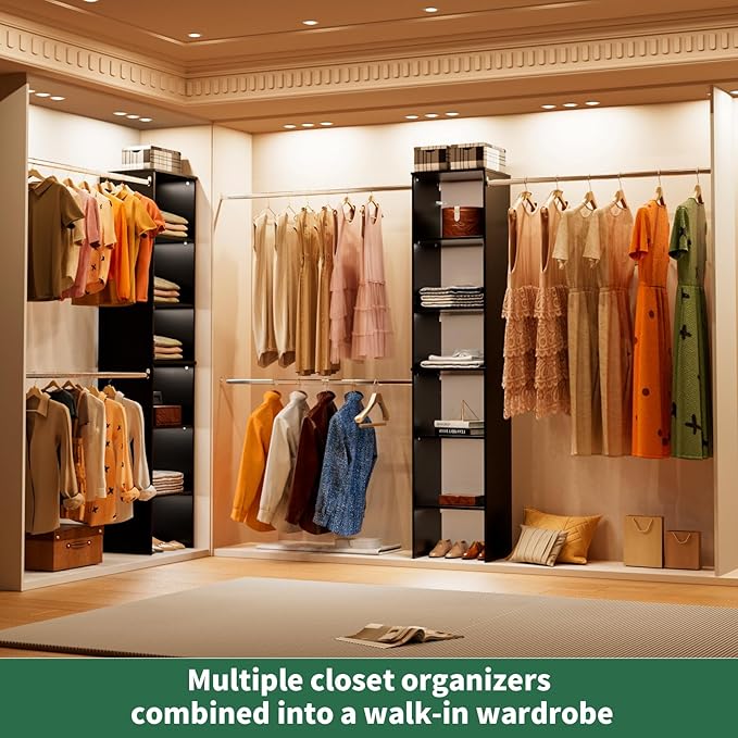 ROOMTEC Closet System, 17" Wide Wall-Mounted Closet Organizer Kit with Wood Storage Tower and 3 Hanging Rods, Wardrobe Closet System for Walk-In Closets, Black