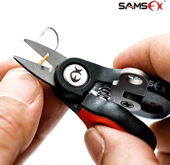SAMSFX Fishing Nipper with Retractable Tether, Stainless Steel Blades that Cut Braid, Mono and Fluoro Lines, SNIP, Fishing Line Cutters (Red)