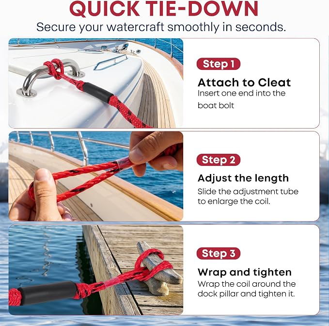 Boat Bungee Dock Lines, Scratch-Free Loop Ends Mooring Rope, Shock Absorbing Pontoon Tie Down Accessories Compatible with Models for Jet Ski（4ft-2 Pack-Red&Black Dots）