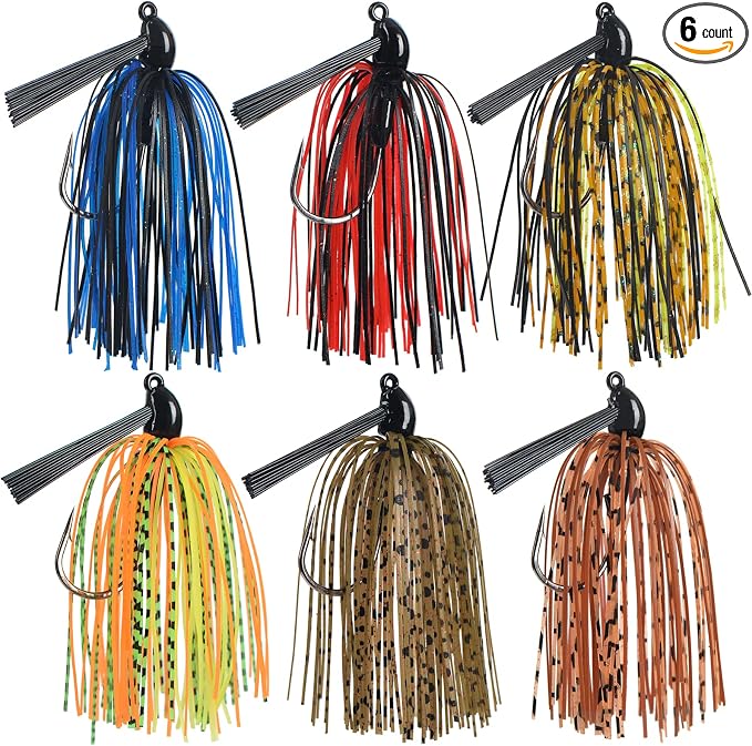 Fishing Jig with Weed Guard 3/8 oz Silicone Skirt Fishing Lures for Bass Perch Multi-Color Pack of 6