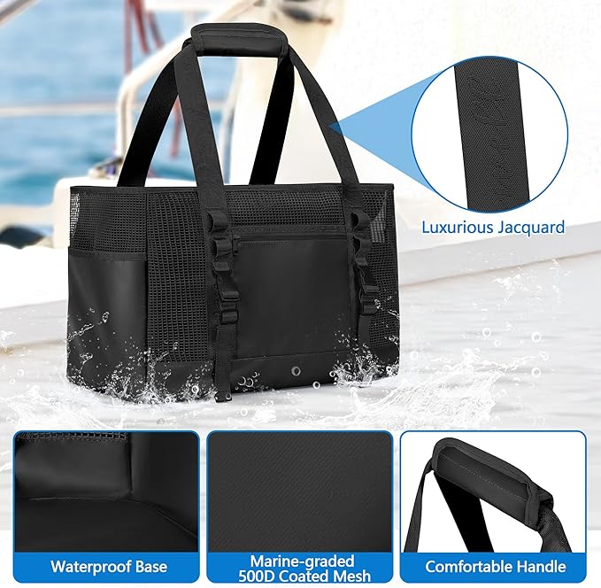 Yarwo Boat Gear Tote Bag, 35.5L Waterproof Boat Accessories Organizer with Marine-grade Coated Mesh and Wet Dry Pockets