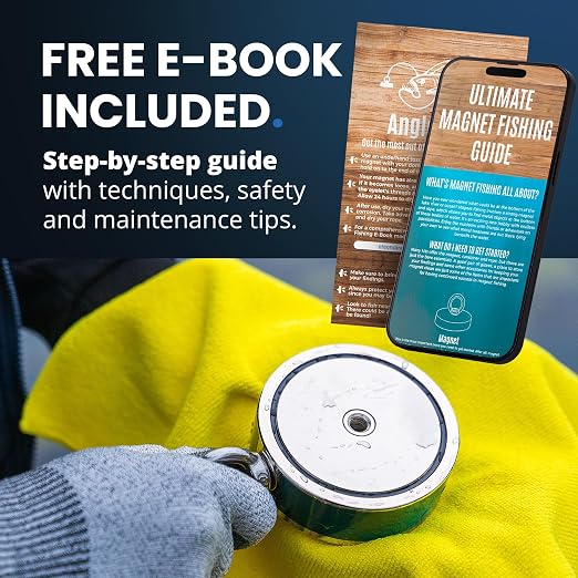 AnglerMag Magnet Fishing Kit - 2000 lbs Double Sided Neodymium Magnetic Fishing Stuff with Rope - 10 PCS Extra Strong Complete Gift Set with eBook, Carabiner, Gloves, Grappling Hook & Carrying Bag