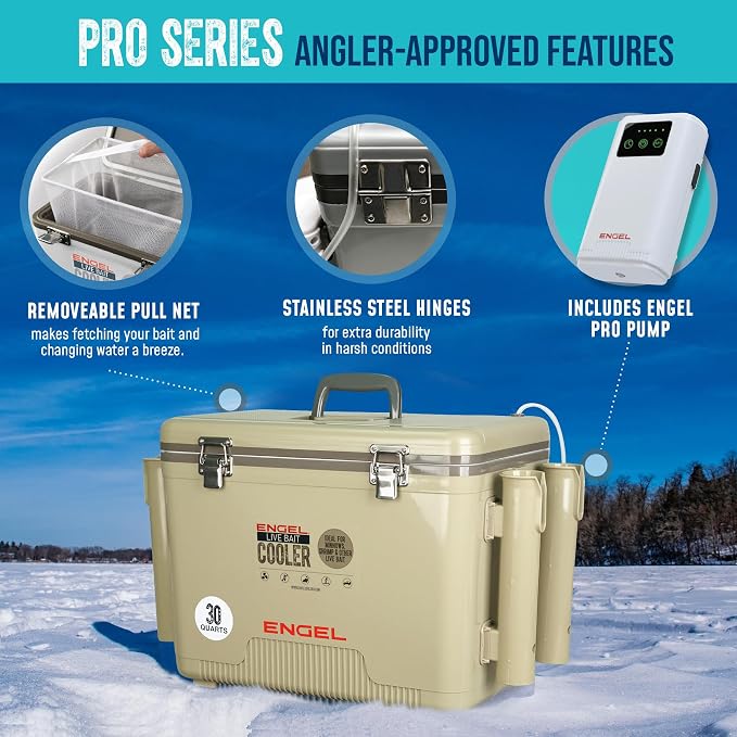ENGEL Live Bait Cooler PRO for Fishing - Portable Minnow and Bait Bucket with Lithium-Ion Rechargeable Aerator