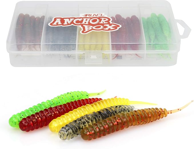 RUNCL Anchor Box - Paddle Tail Swimbaits, Soft Jerk Baits, 20/40/50/60pcs Soft Fishing Lures, Curved Tail Grubs - 3D Lifelike Eyes, Split/Boot/Curved/Straight/Thin Tail - 1/2/3/4/5in, Proven Colors