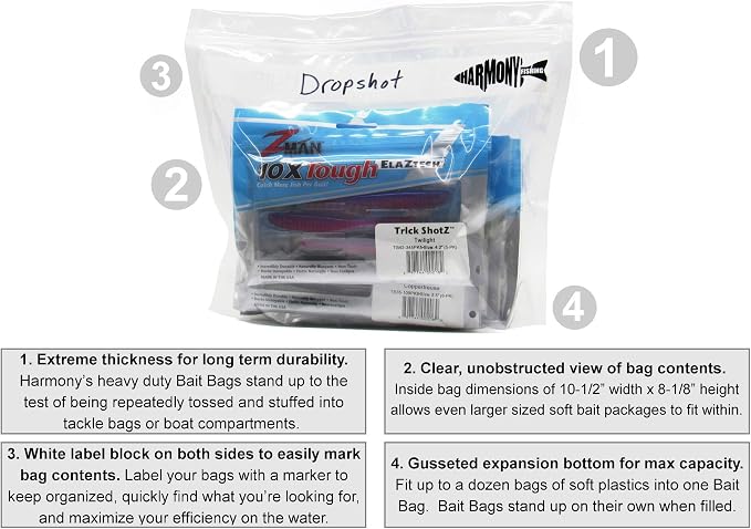 Harmony Fishing Bait Bags (10 Pack) - Durable Clear Storage Bag Organizers for Soft Plastic Baits, Lures, Tackle, and Fishing Accessories