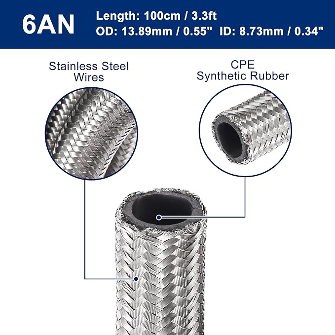 X AUTOHAUX Car Stainless Steel Braided Mesh Hose 3.3ft 3/8" AN6 Fuel Hose Oil Gas Line Silver Tone
