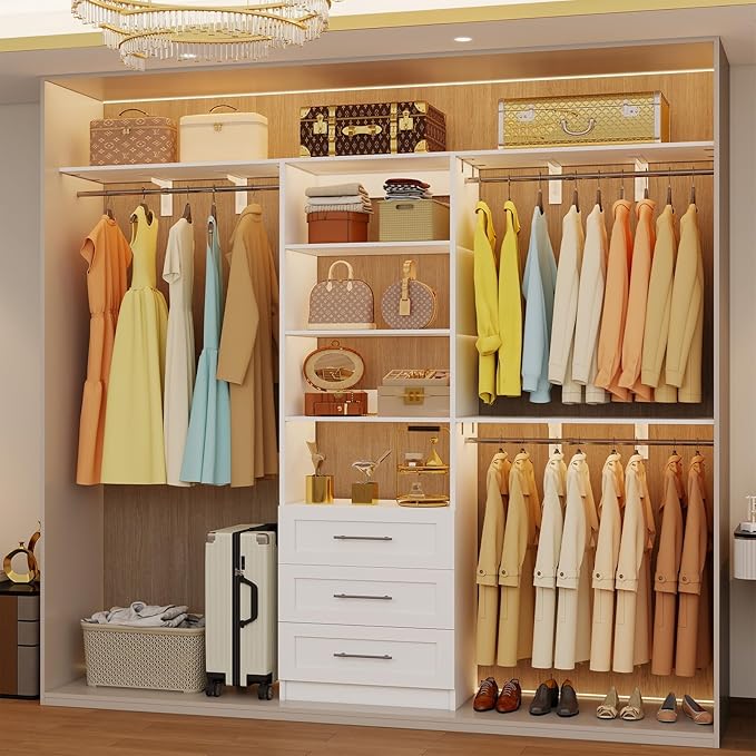 Closet System with 3 Drawers, 4-8FT Custom Closet Organizer System Modular with Adjustable Shelves for Walk in Closets with 3 Expandable Rods, Wood Built In Closet Storage System Heavy-Duty, White