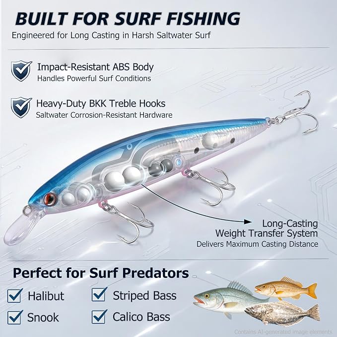 LITTMA ShoreCast 115 Minnow Sinking Saltwater Fishing Lure, Long Casting Surf Fishing Hard Bait for Striper Bass and Halibut