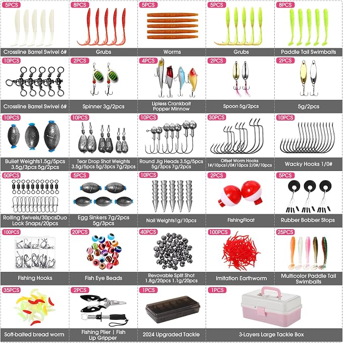 517 Pcs Father's Day Large 3 Layers Tackle Box with Tackle Fishing Lures Kit Included Pliers, Fish Lip Gripper, Crankbait, Hooks, Other Accessories Fishing Kit for Men Gifts(Pink White)