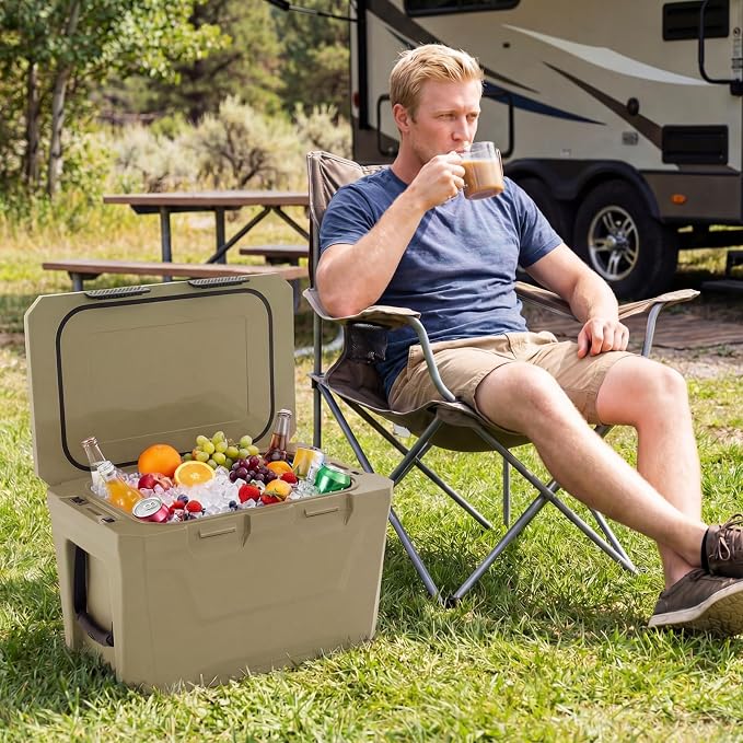 COSTWAY Insulated Portable Cooler, Hard Shell Ice Chest w/ 2 Cup Holders, Bottle Opener, Drain Plug, 3-Day Ice Retention, Outdoor Leak-Proof Dry Box for Beach, Camping, Fishing, Picnic