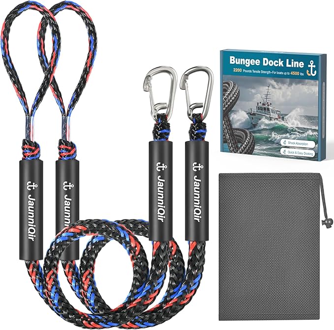 JaunniQir Bungee Dock Lines for Boats 4.3 Feet, 2 Pack Dock Lines with 316 Stainless Clips for PWC, Jet Ski, Kayak, Watercraft, Pontoon, Shock Absorbing Tie Off Downs Boat Mooring Ropes Accessories