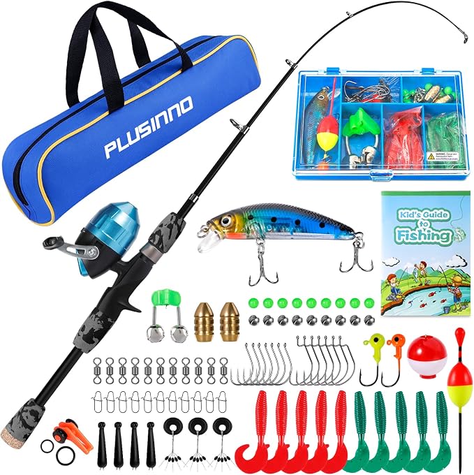 PLUSINNO Kids Fishing Pole with Spincast Reel Telescopic Fishing Rod Combo Full Kits for Boys, Girls, and Adults