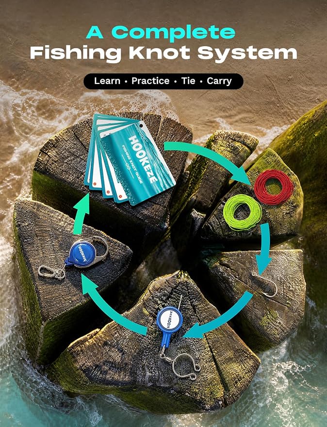 HOOK-EZE Complete Fishing Knot Tying Guide Kit|Includes Waterproof Guide to 13 Essential Knots, Knot Tying Tool, Practice Hook & Lines, Zinger Retractor|Fly Fishing Gifts & Stocking Stuffers for Men