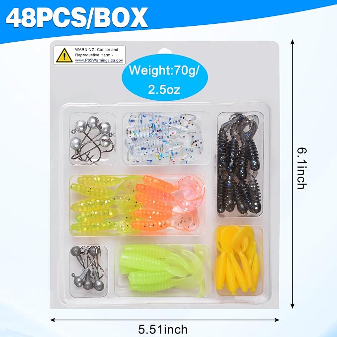 Grub Lures Fishing Jigs Head Hooks Kit- Crappie Jigs Soft Plastic Grub Tail Worm Lure Bait Buster Tubes Baits for Bass Trout Saltwater Freshwater Fishing