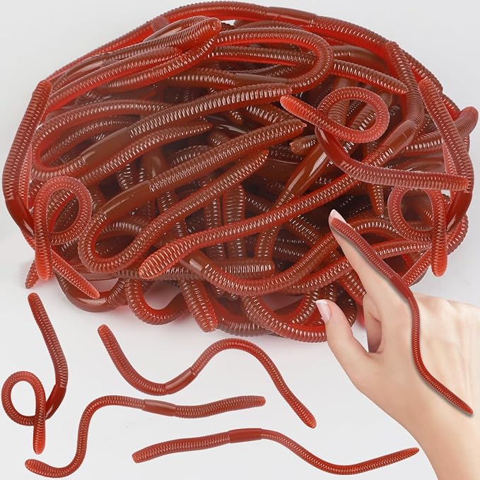 60 Pcs Fake Worms Soft Stretchy Rubber Earthworm Lifelike Trick Toy Plastic Worm Fishing Lures Baits for Halloween April Fool's Day Party Decoration, 7.1 Inch