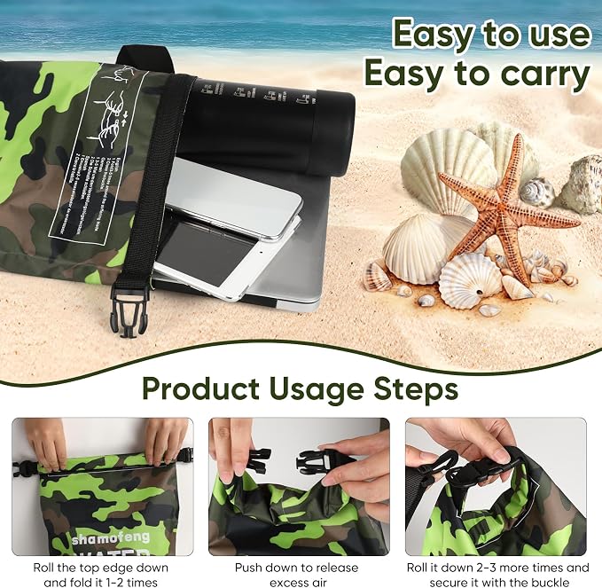 Waterproof Dry Bag 5L/10L/15L/20L/30L Roll Top Dry Storage Backpack with Phone Case, Collapsible Water Bottle, Sunglasses, Ear Band for Kayaking Boating Swimming Fishing Camping, Green 20L