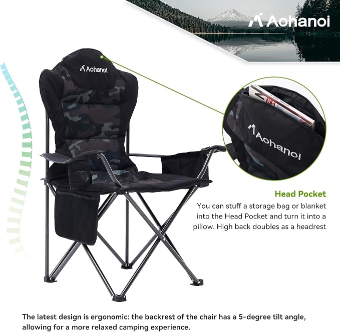 Aohanoi Camping Chairs for Heavy People,Outdoor Folding Camp Chairs for Adults with Cup Holder & Cooler Bag for Outside,Outdoor Lawn Chairs Supports Up to 400lbs