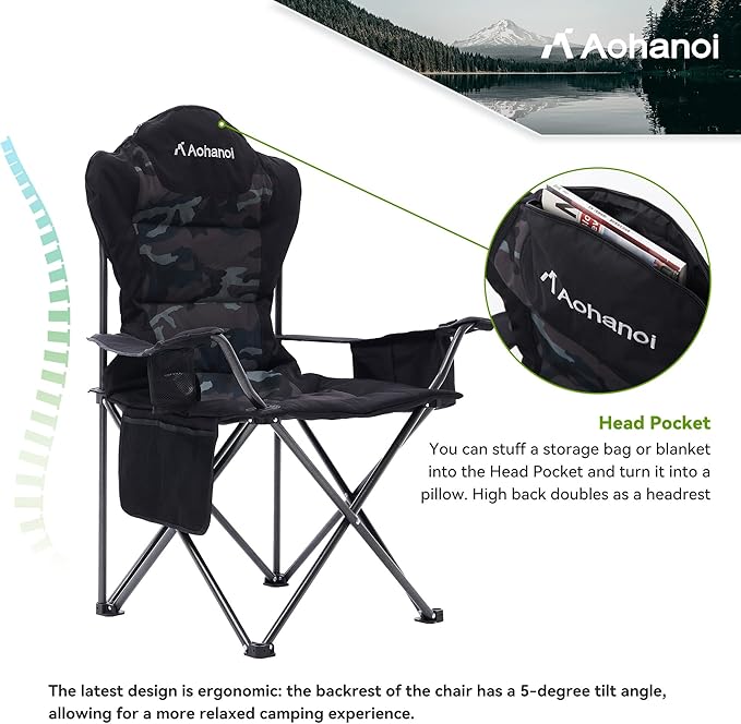 Aohanoi 2 Pack Camping Chairs for Heavy People,Outdoor Folding Camp Chairs for Adults with Cup Holder & Cooler Bag for Outside,Outdoor Lawn Chairs Supports Up to 400lbs