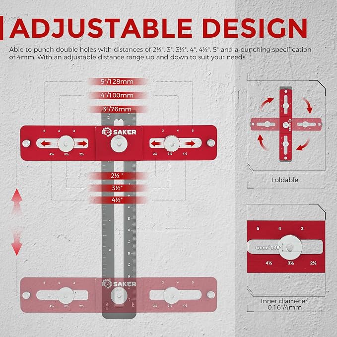 Saker Cabinet Hardware Doweling Jig - Cabinet Handle Template Tool for Knobs and Pull - Adjustable Self Centering Punch Locator Precise Woodworking Drill Guide (5" Jig Saw)