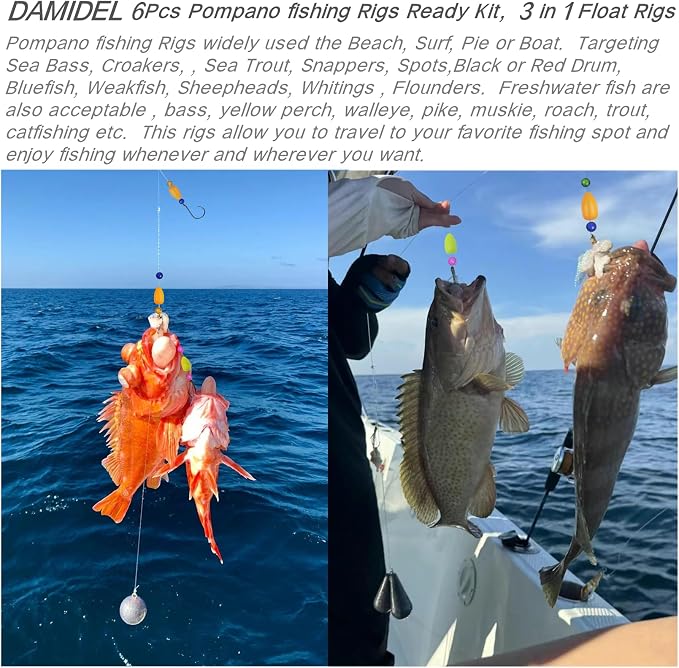 6Pcs Pompano Fishing Rigs Ready Kit，3 in 1 Float Rigs with Triple 3/0 Circle Hook for Surf Fishing，（12/0） Fishing line / 50in length/50lbTension in freshwter and Saltwater