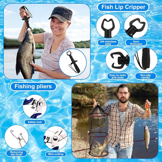 51 Pcs Fishing Rods Combo 6.89ft Telescopic Freshwater Pole Set with Plier Lip Gripper Lures Carrier Bag Pre Loaded Spinning Reel with Freshwater Rod Reel Kit Father Men Gift