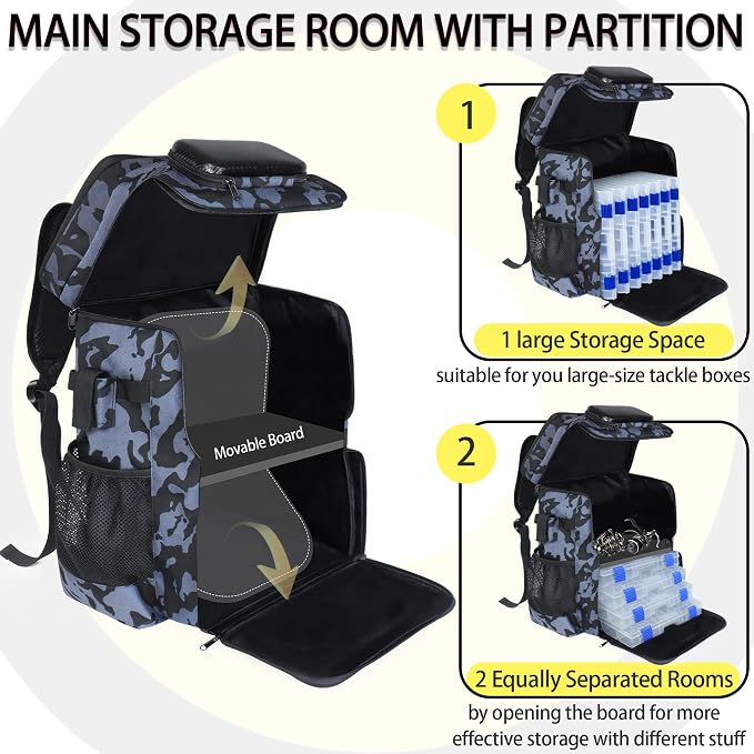 Fishing Backpack with Rod Holder X-Large 60L Tackle Gears Bag with Cooler for Storage Tackle Box and Fishing Accessories Stuff, Fish Gifts for Men Woman-Yellow Camo