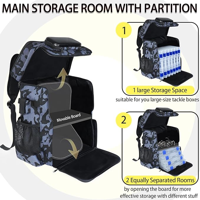 Fishing Backpack with Rod Holder X-Large 60L Tackle Gears Bag with Cooler for Storage Tackle Box and Fishing Accessories Stuff, Fish Gifts for Men Woman-Black Camo