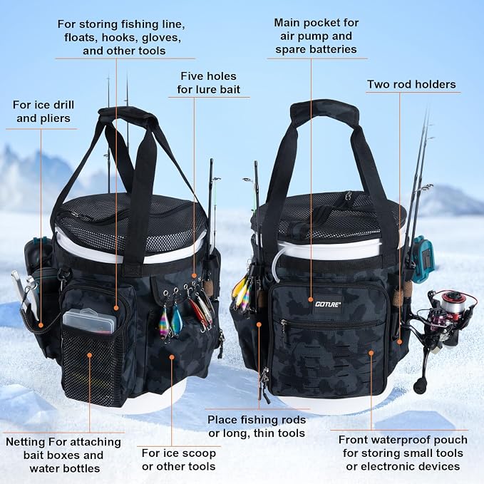 Goture Fishing Bucket Organizer for 5 Gallon Bucket, Heavy-Duty Waterproof Tackle Bag with 15+ Pockets, Ice Auger Holster & Secure Lock Straps for Ice Fishing Gear (Black, No Bucket)