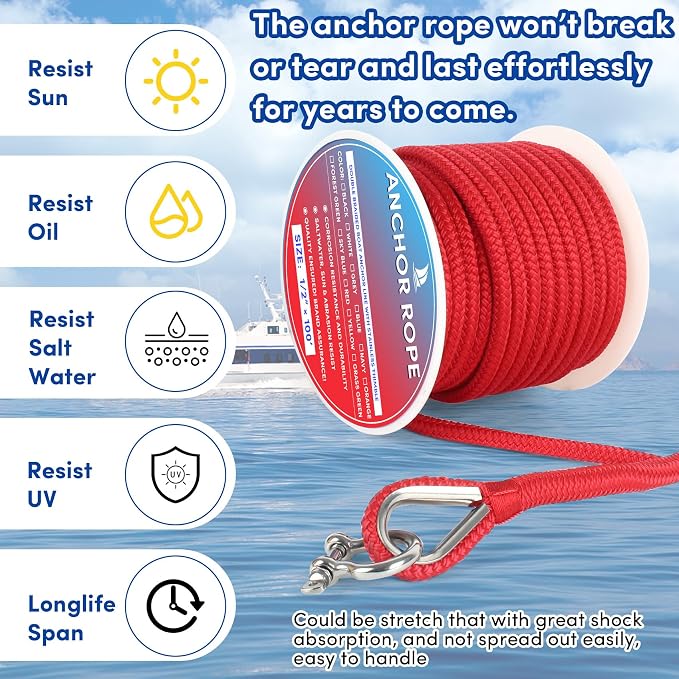 Boat Anchor Rope 100 ft x 1/2 inch Red, Double Braided Anchor Line with Stainless Steel Thimble & Shackle, Marine Rope Ideal for Towing,Mooring,Decks,Anchoring,for Boats Up to 35'