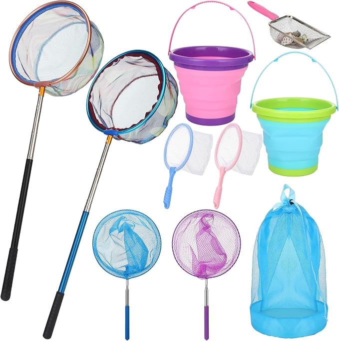 2 Pack Telescopic Kids Fishing Net with Handle, 2 Collapsible Bucket Sand Pail, Stainless Steel Foldable Fishing Net Small Fishing Butterfly Bug Net Beach Shovel with Storage Bag