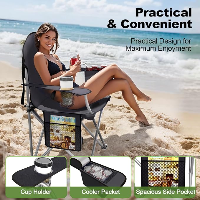 VTOY Folding Camping Chairs Durable 600D Oxford, Portable Outdoor Chair with Cooler Pouch, Cup Holder & Storage Pocket for Camping, Beach, Fishing