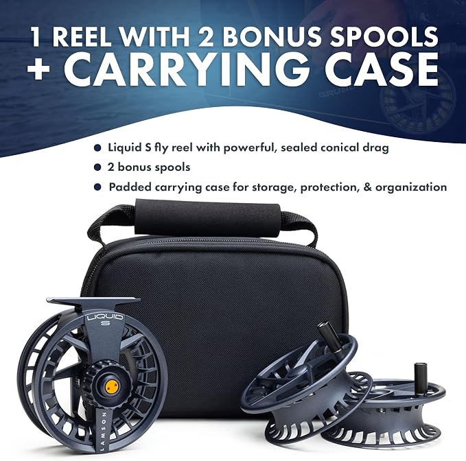 LAMSON | Liquid S-Series Fly Fishing Reel 3 Pack | All-Water | 1 Reel & 2 Bonus Spools + Carrying Case | Large Arbor, Powerful Sealed Drag, Pressure Cast Aluminum