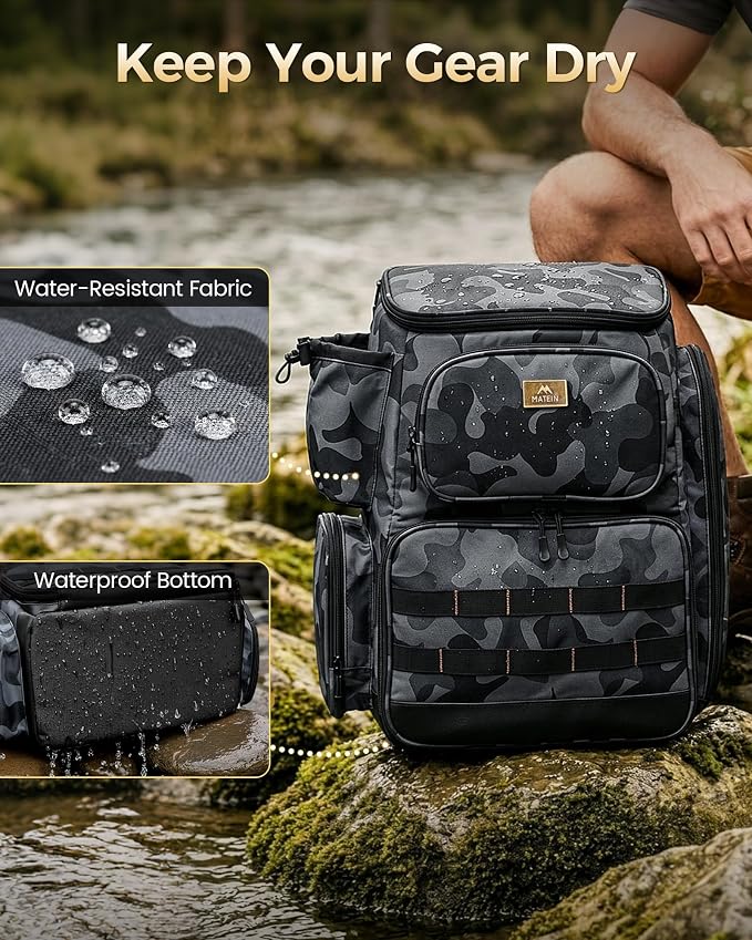 MATEIN Pro Fishing Backpack with 4 Tackle Boxes, 3600 Tackle Box Backpack with Rod Holder, Large Side Gear Storage & Cooler
