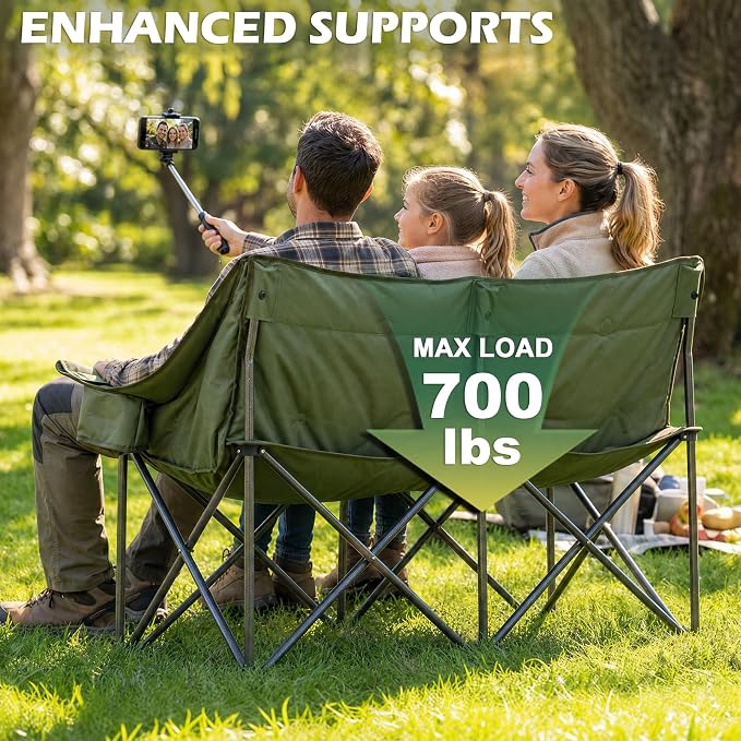 Youtanic 60" Extra Double Camping Chair, 700lbs Heavy Duty Padded Loveseat for Adults, Oversized 2 Person Folding Camp Couch with Dual Cup Holders, Portable Plaid Lawn Chair for Outside, Sports, Green