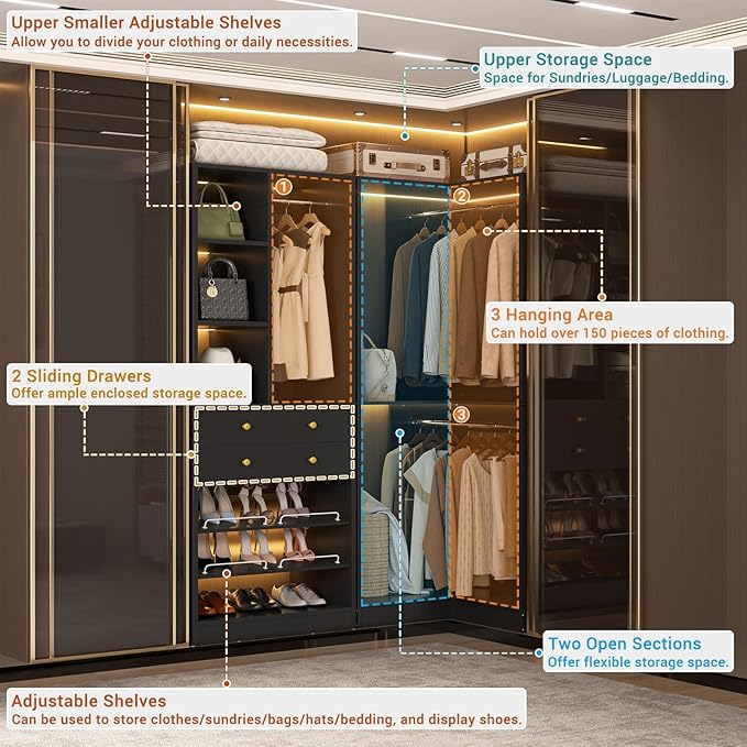 Closet System with 2 Drawers, 3 Hanging Rods, 59.5" * 31.5" Closet Organizer System with Corner Tower, Reversible L Shaped Walk-in Closet System, Corner Closet System Set of 2, Black
