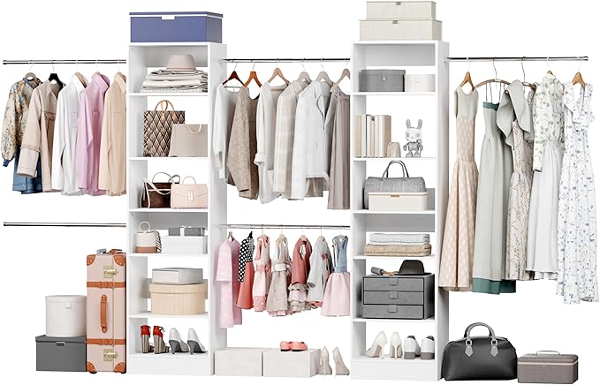 Closet System Set of 2, Closet Organizer System With Adjustable Shelves, Walk-In Closet Storage System With 10 Hanging Rods, Adjustable Cloth Garment Rack, Fits Spaces 6Ft-16Ft, White