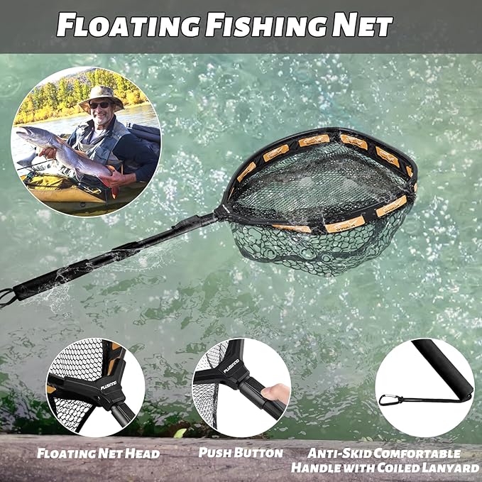 PLUSINNO Fishing Net Fish Floating Landing Net, Kayak Nets with Fixed Foldable Telescopic Pole Handle, Bass Trout Fishing Nets with Nylon Mesh for Pond Lake River, Fishing Gear Gifts for Men Anglers