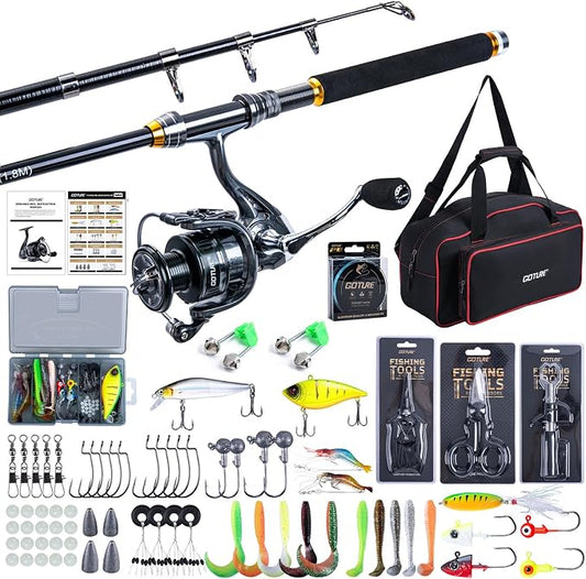 Goture Fishing Rod and Reel Combos, 1.8M-2.7M Carbon Fiber Telescopic Fishing Pole with Spinning Reel, Lures Set, 900D Carrier Bag, Travel Full Kit for Freshwater Saltwater, Beginners & Anglers