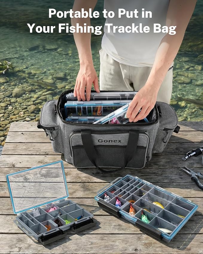 Gonex Fishing Tackle Boxes, 2-Pack Waterproof 3600 Tackle Trays with Adjustable Dividers, Portable Clear Plastic Tackle Organizers with DIY Dividers for Lures, Hooks, Bass Gear, Gray