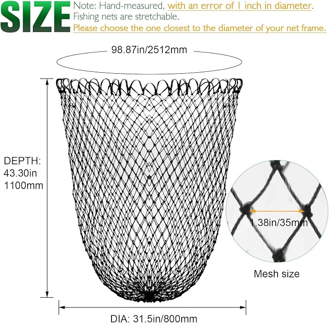 Dovesun Fishing Net Fish Landing Net Foldable Fishing Replacement Net for Freshwater Saltwater Fishing Net Replacement Netting Green/Black 2 Colors Handle/Frame Not Included