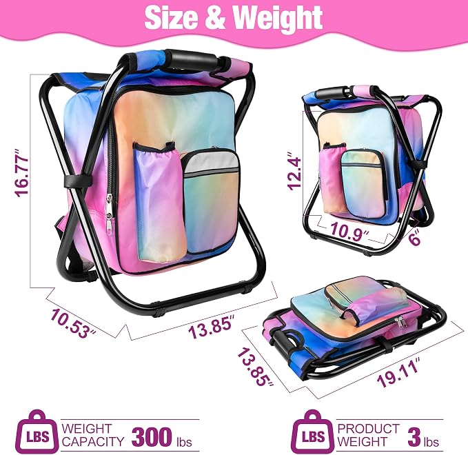 Kikerike Backpack Stool Cooler Chair Heavy Duty 300 LBS Max Load Portable Lightweight Stool Backpack Folding Fishing Cooler Seat for Camping Hunting Fishing - Multicolor