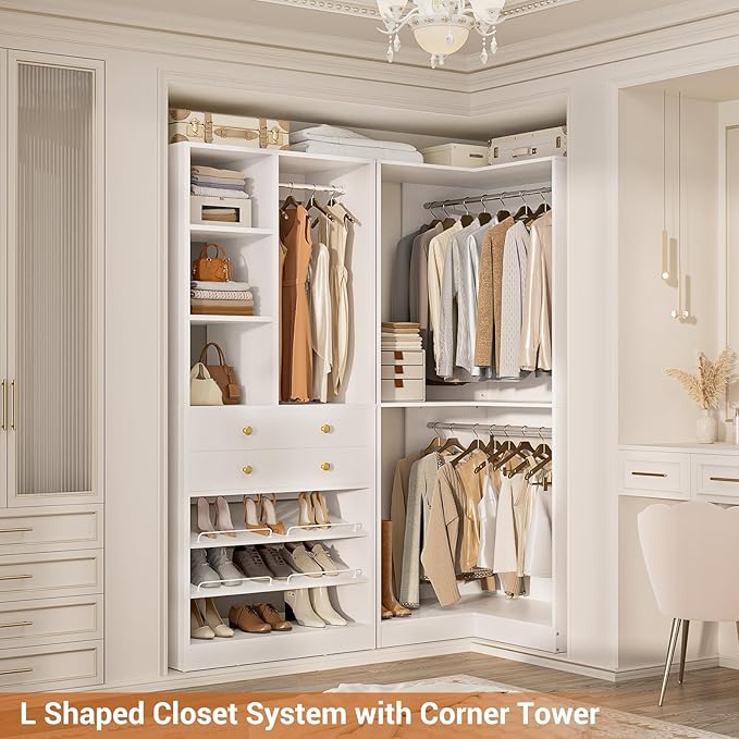 Closet System with 2 Drawers, 3 Hanging Rods, 59.5" * 31.5" Closet Organizer System with Corner Tower, Reversible L Shaped Walk-in Closet System, Corner Closet System Set of 2, White
