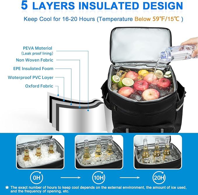Backpack Coolers Insulated Leak Proof, 45 Cans Beach Cooler Backpack, Large Capacity Ice Chest Backpack, Waterproof Soft Cooler Bag Lunch Backpack for Men Women Camping Hiking