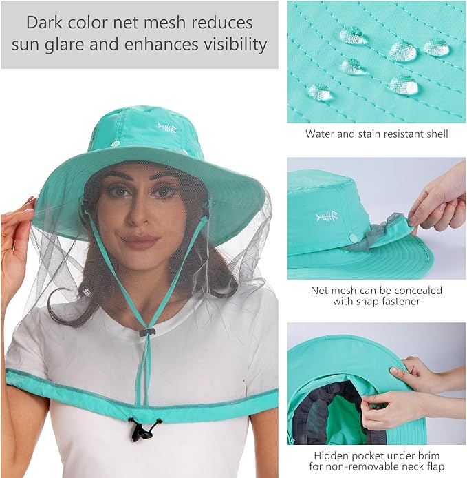 BASSDASH UPF 50+ Mosquito Sun Hat with Hidden Head Net and Neck Flap for Men Women Outdoor Fishing Hiking Camping