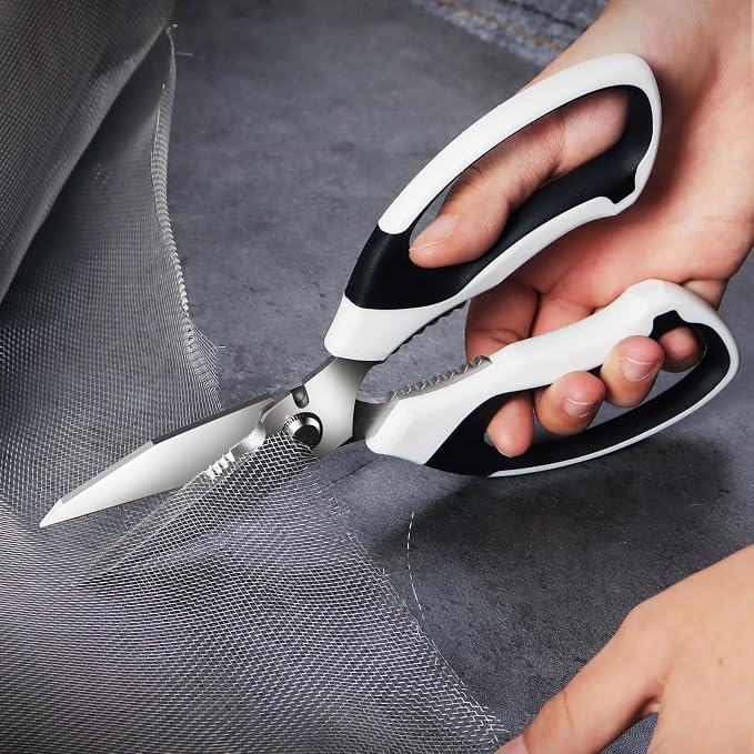 BoFuYuan 8-Inch Utility Scissors All Purpose Heavy Duty, Serrated Blade, White Comfort Grip for Cutting Carpet, Cardboard, Leather, Fabric, Multipurpose Sharp Shears for Kitchen, Garden, Office, Carft