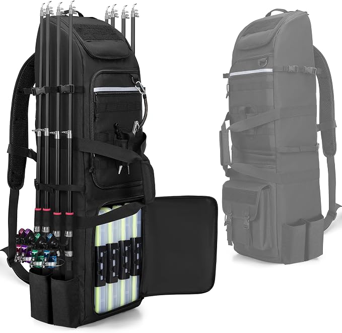 Rexmica Fishing Backpack Holds 8 Rods & Reels, Fishing Tackle Bag with Compartment for Tackle Boxes, Fishing Gear or Equipment, Fishing Rod Case Backpack, Fishing Pole Bag with Tactical Molle System