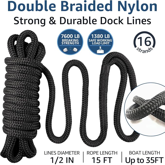2 Pack 1/2" x 15' Dock Lines - Marine Grade Nylon Boat Rope with 12" Loop for Docking and Mooring - Double Braided Boat Lines, High Strength, Easy Handling, Fray Resistant - Black