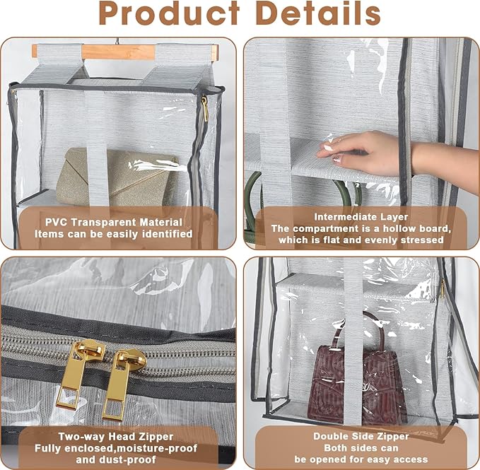 Silkfly 2 Pack Hanging Purse Organizer for Closet Clear Handbag Storage Hanger with Zipper Holder over The Door Wardrobe Tote Bag Storage Holder for Bedrooms Living Room(Gray)
